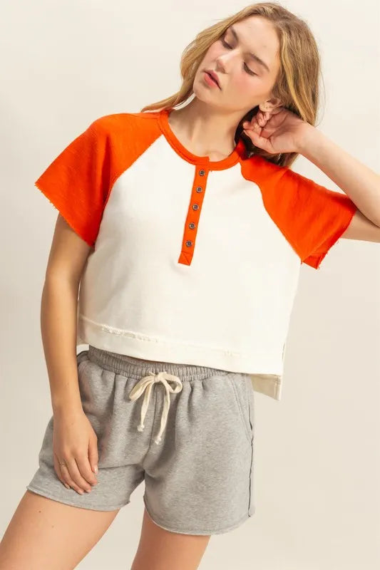 Image of HYFVE Side Slit Contrast Half Button Short Sleeve T-Shirt | Queeble.shop