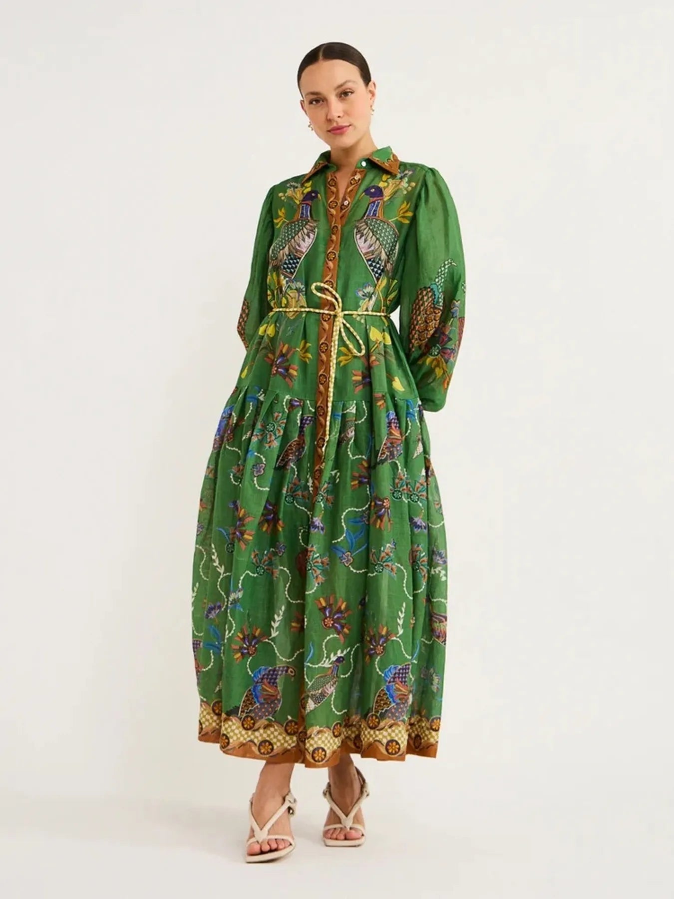 Image of Printed Lantern Sleeve Maxi Shirt Dress | Queeble.shop