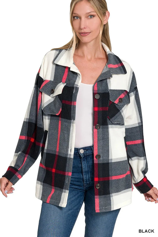 Image of Zenana Oversized Plaid Fleece Shacket | Queeble.shop