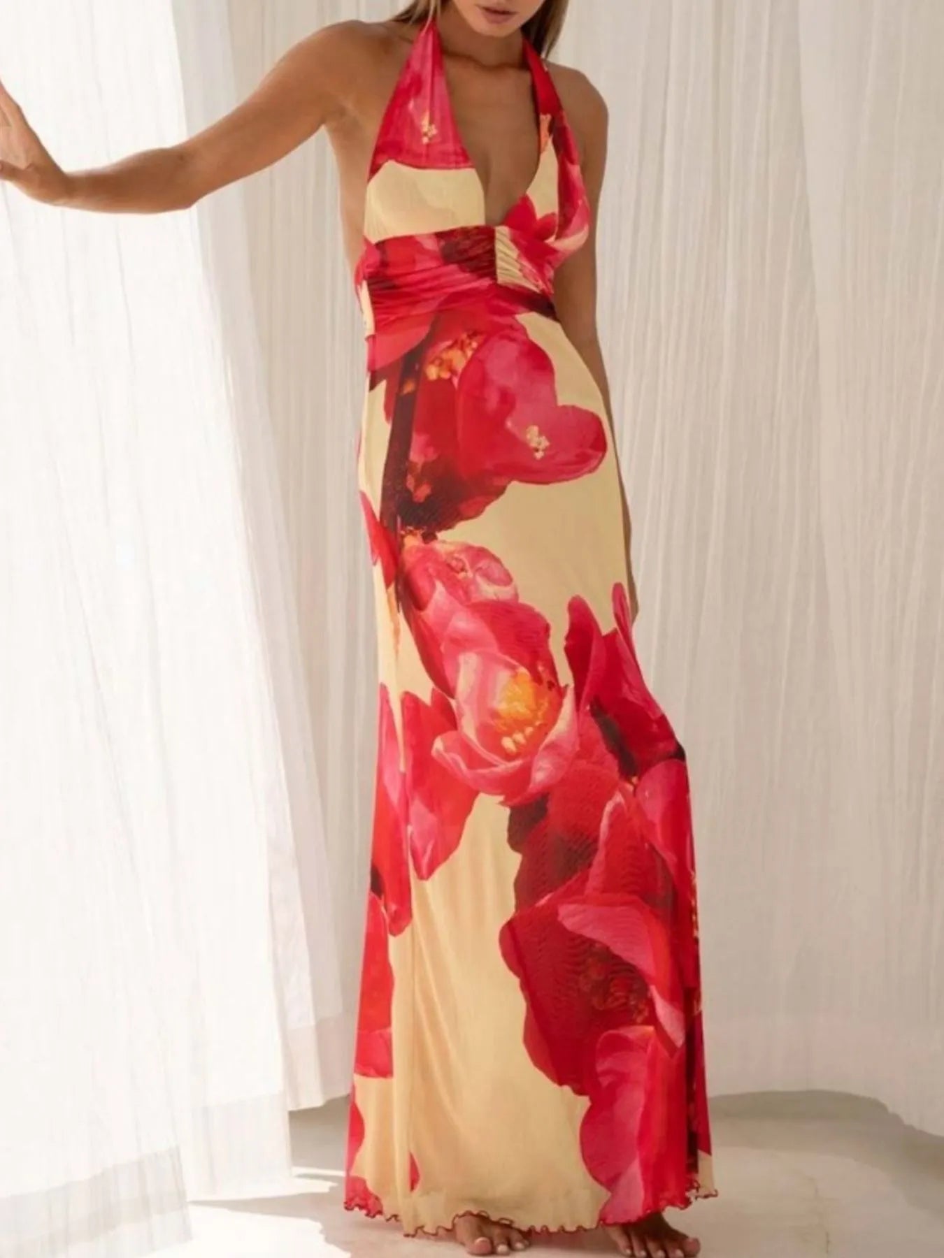 Image of Floral Halter Neck Deep V Maxi Dress | Queeble.shop