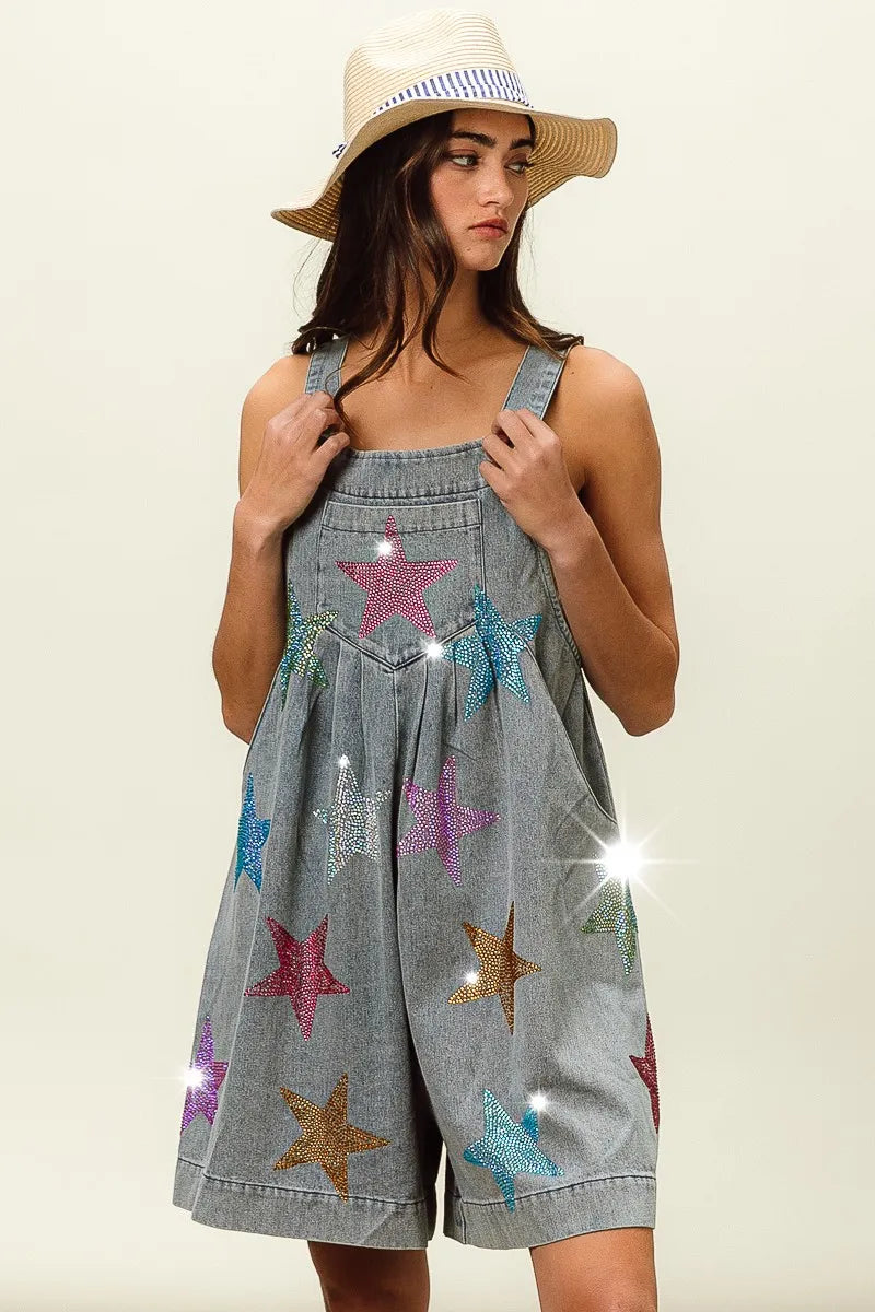 Image of BiBi Star Rhinestone Washed Wide Leg Shortalls | Queeble.shop