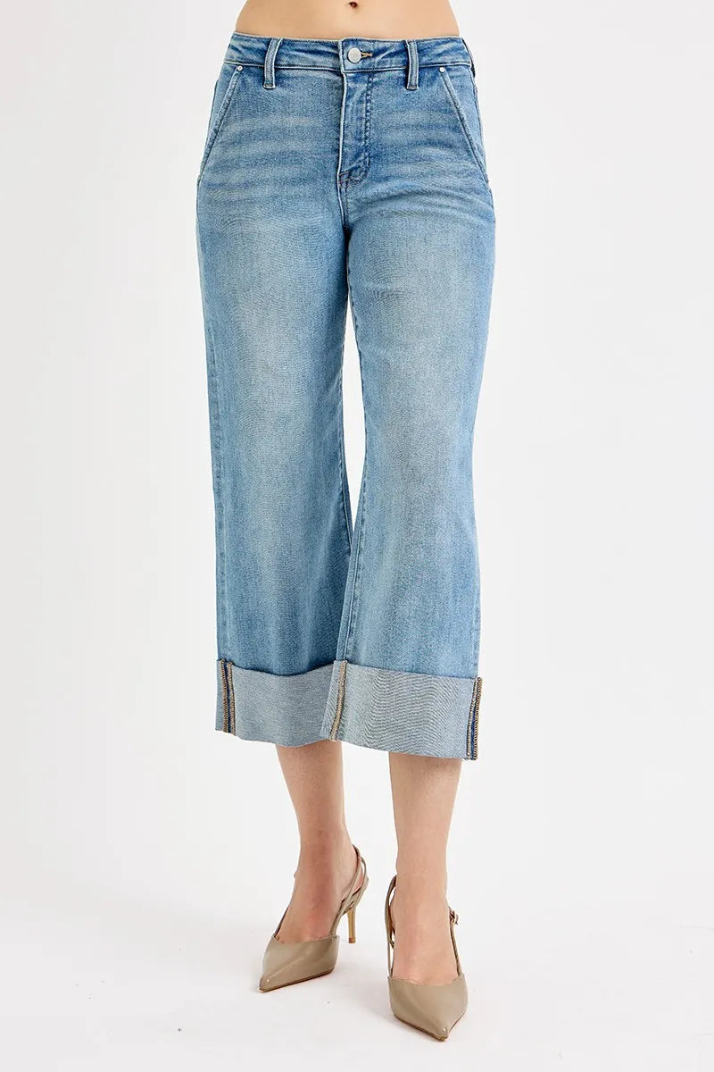 Image of RISEN Full Size Tummy Control High Rise Ankle Wide Cuffed Jeans Plus Size | Queeble.shop
