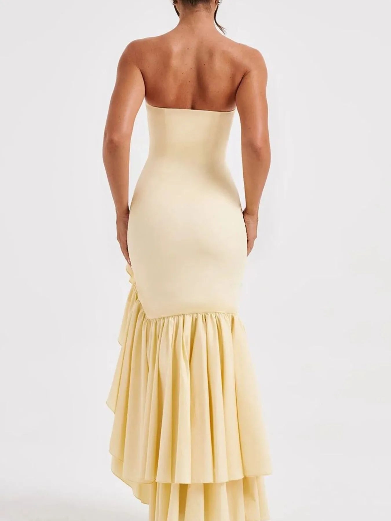 Image of Strapless Ruffle High-Low Bodycon Dress | Queeble.shop