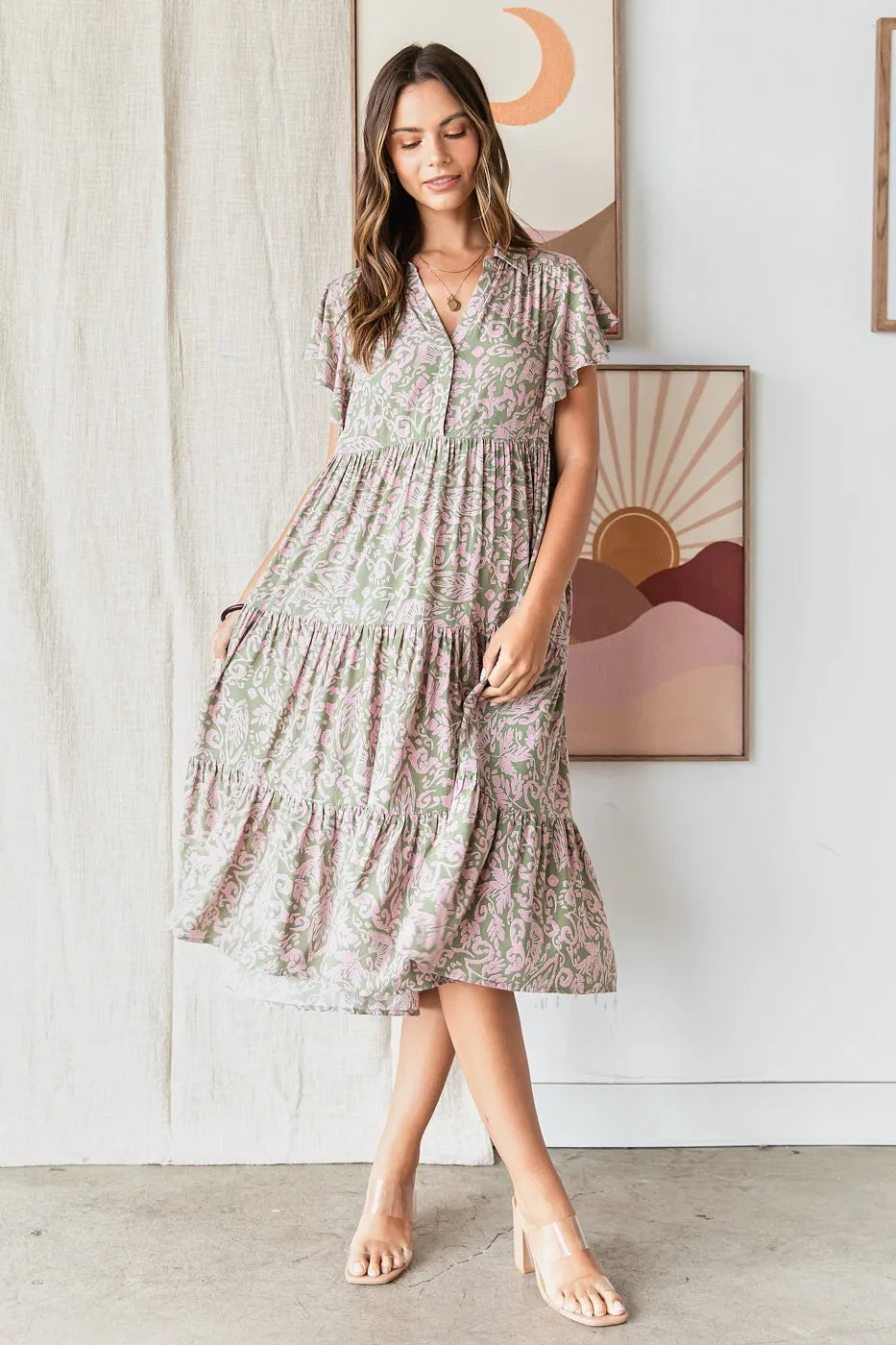 Image of Mittoshop Abstract Print Ruffle Tier Midi Dress | Queeble.shop