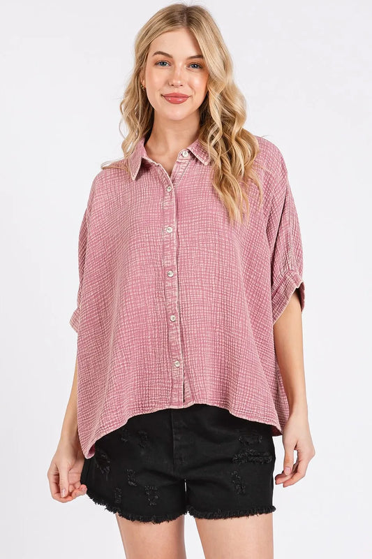 Image of Mittoshop Mineral Wash Gauze Dolman Sleeve Button Down Shirt | Queeble.shop