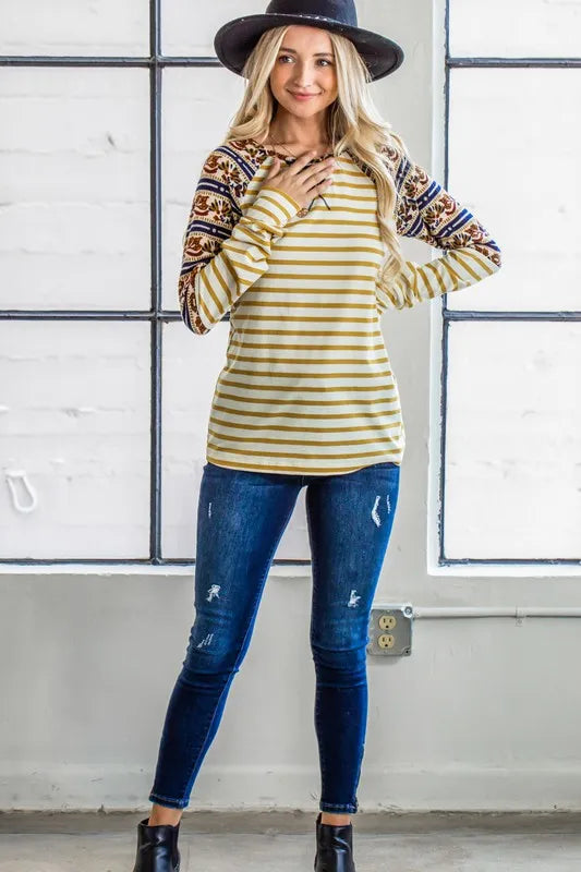 Image of And The Why Stripe Ethnic Print Raglan Top | Queeble.shop