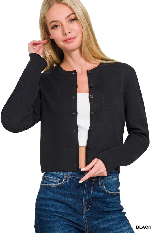 Image of Zenana Button-Front Crewneck Long Sleeve Cropped Cardigan | Queeble.shop