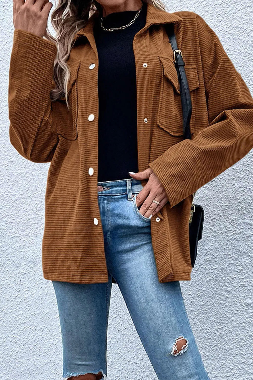 Image of Pocketed Snap Down Long Sleeve Jacket | Queeble.shop