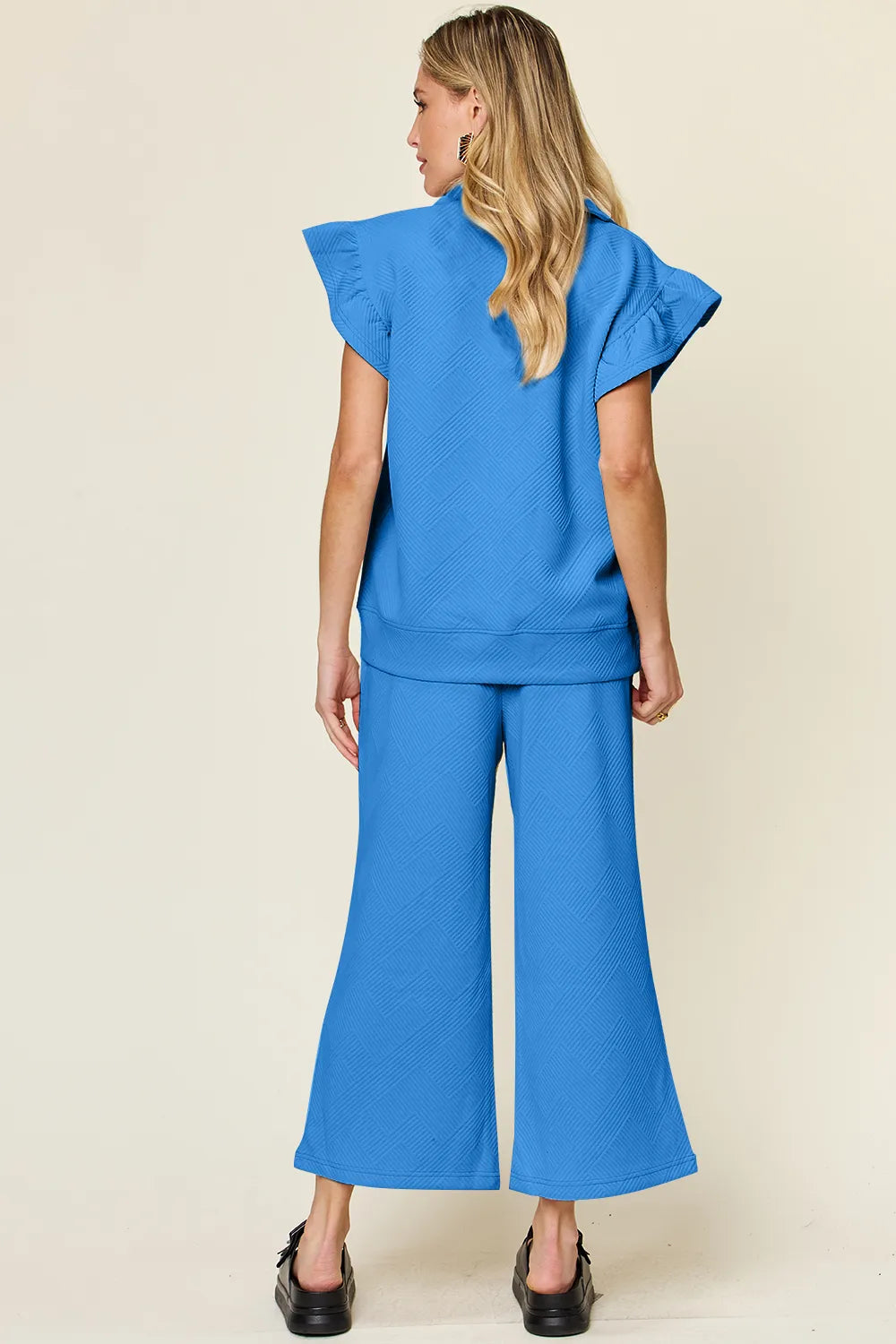 Image of Double Take Texture Ruffle Short Sleeve Top and Drawstring Wide Leg Pants Set | Queeble.shop