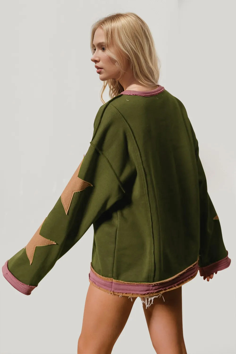 Image of Double Take Star Patched Long Sleeve Sweatshirt | Queeble.shop