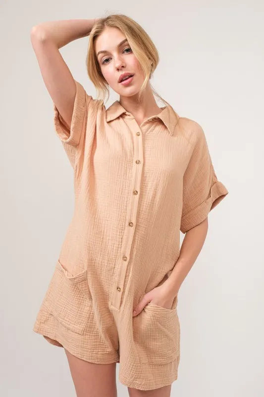 Image of And The Why Washed Gauze Roll-up Sleeve Comfort Utility Romper | Queeble.shop