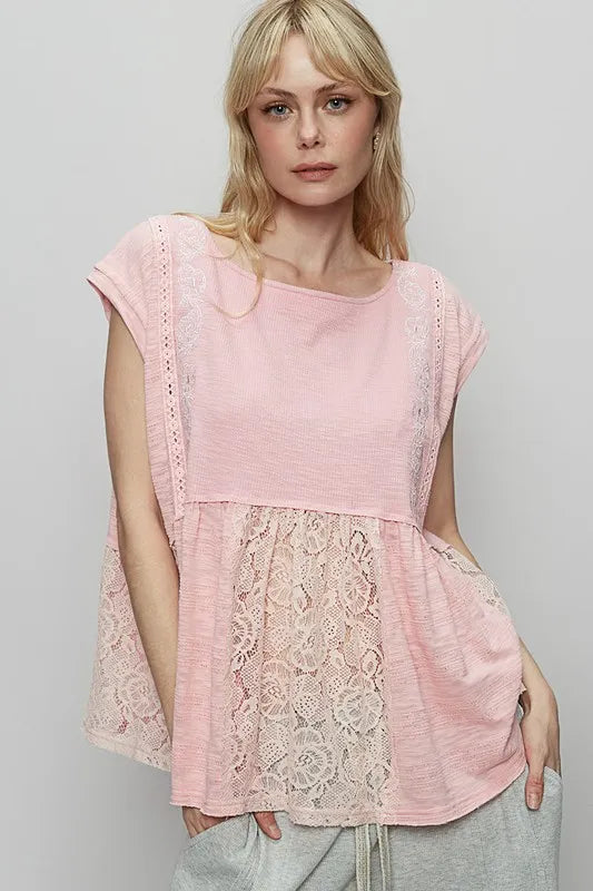Image of POL Embroidered Detail Boat Neck Cap Sleeve Lace Blouse | Queeble.shop