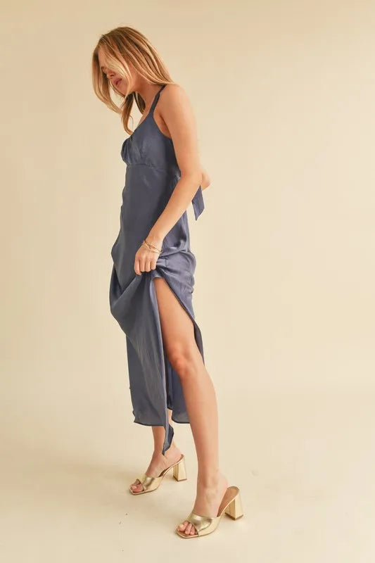 Image of Aemi + Co Ruched Side Slit Cutout Back Maxi Cami Dress | Queeble.shop