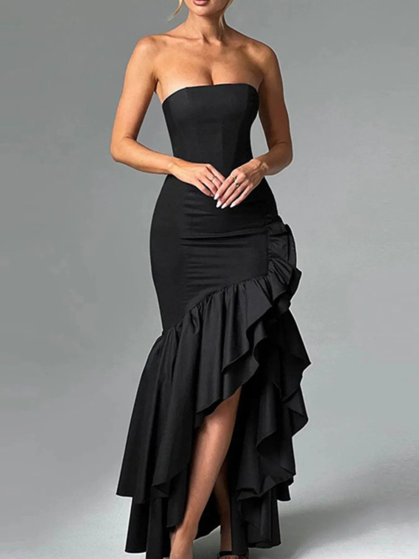 Image of Strapless Ruffle High-Low Bodycon Dress | Queeble.shop