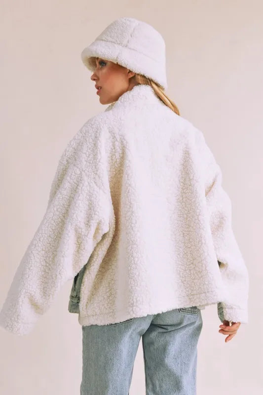Image of Aemi + Co Denim Washed Drop Shoulder Sherpa Fake Two Pieces Jacket | Queeble.shop