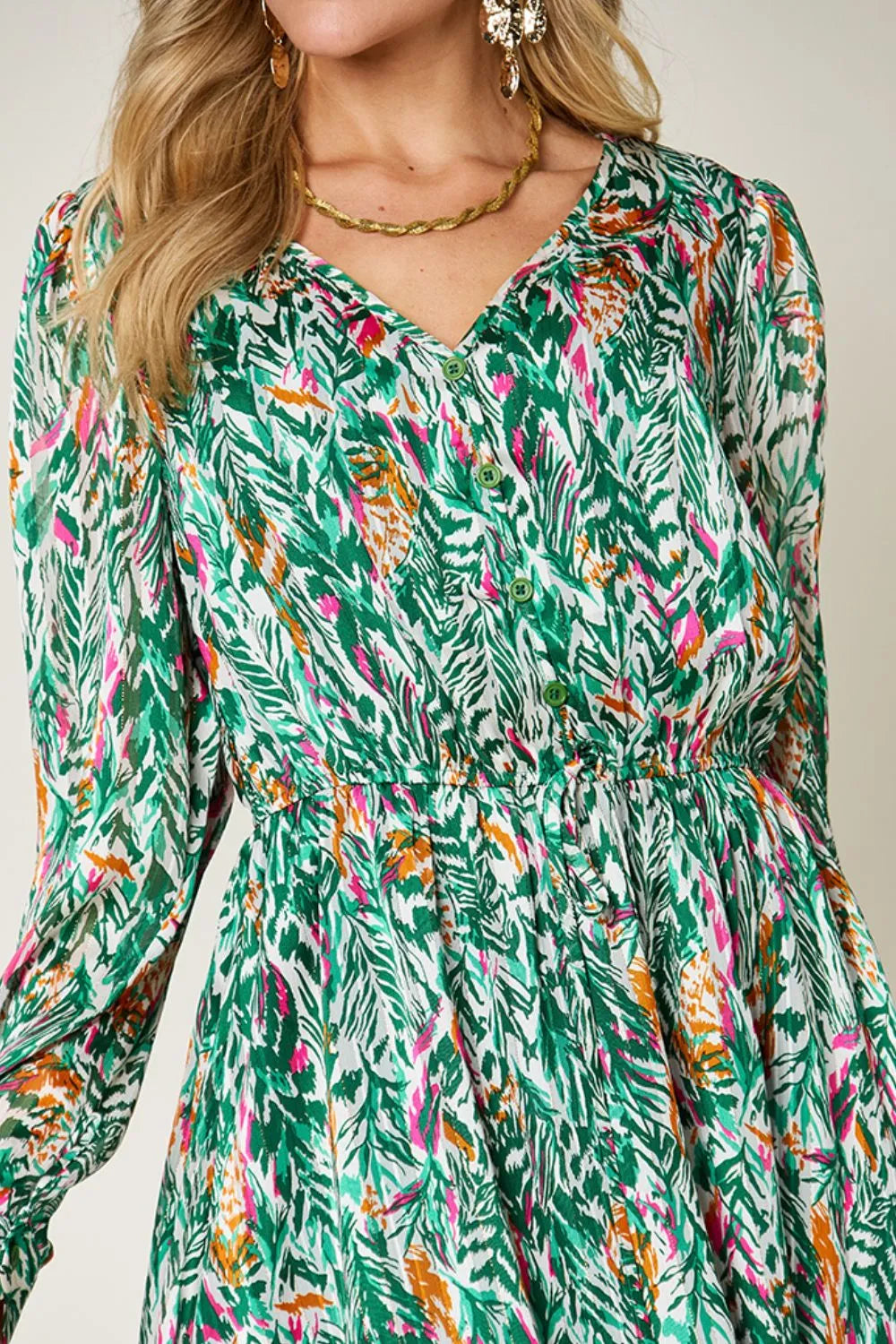 Image of Double Take Full Size Printed Drawstring Waist Long Sleeve Dress | Queeble.shop