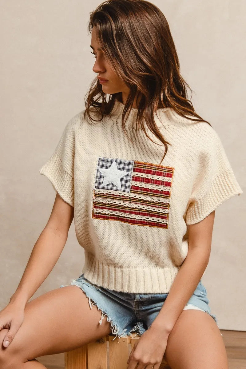 Image of BiBi American Flag Patchwork Drop Shoulder Sweater | Queeble.shop