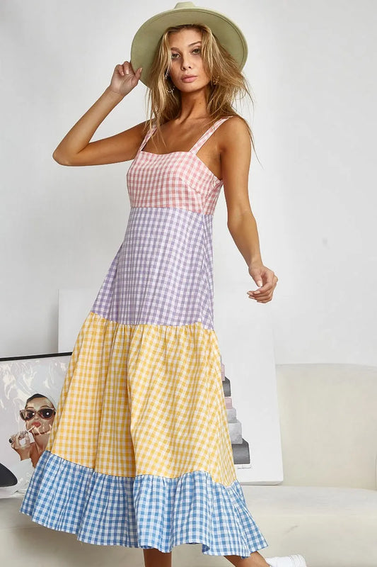 Image of BiBi Color Block Tiered Gingham Dress | Queeble.shop