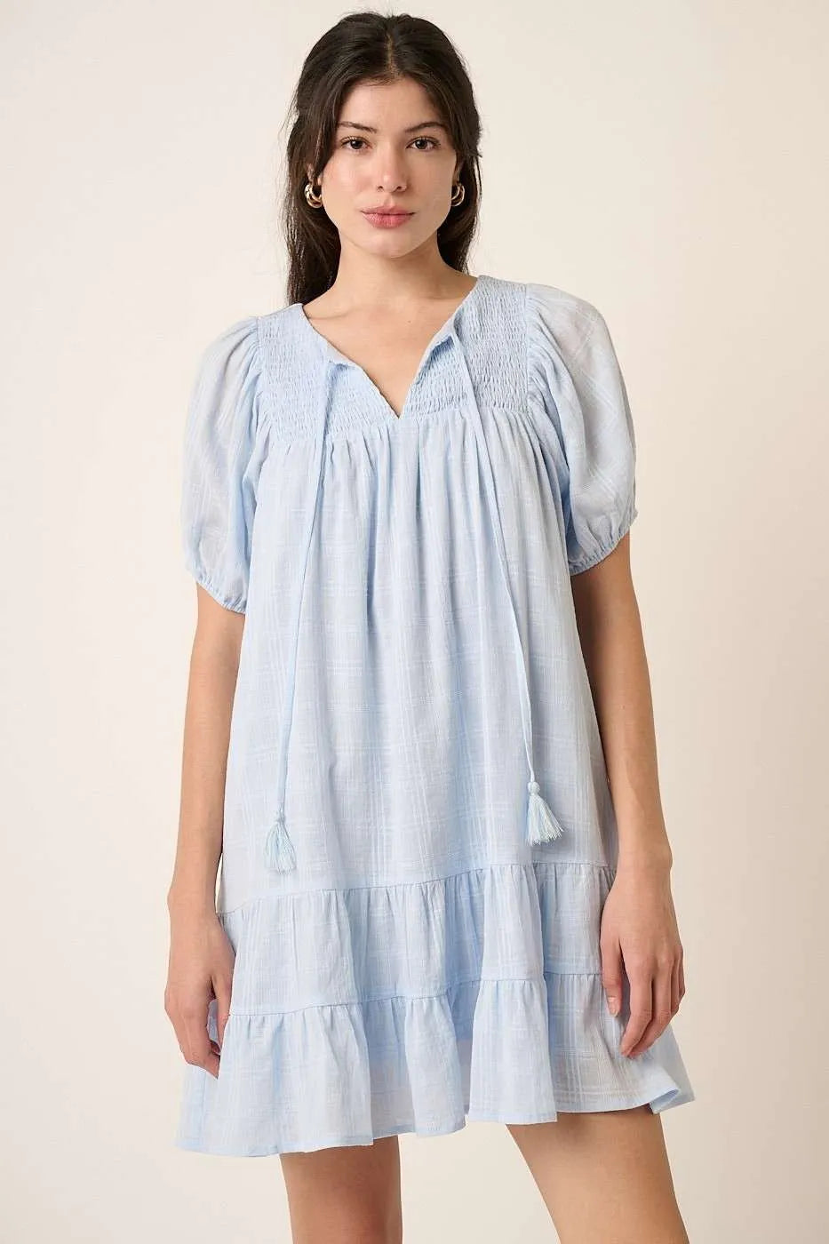 Image of Mittoshop Tassel Tie Plaid Gauze Short Sleeve Mini Dress | Queeble.shop