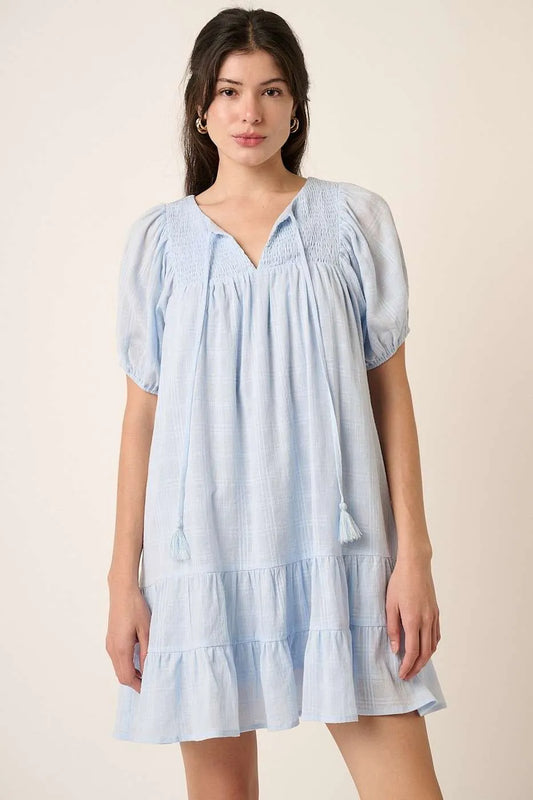 Image of Mittoshop Tassel Tie Plaid Gauze Short Sleeve Mini Dress | Queeble.shop