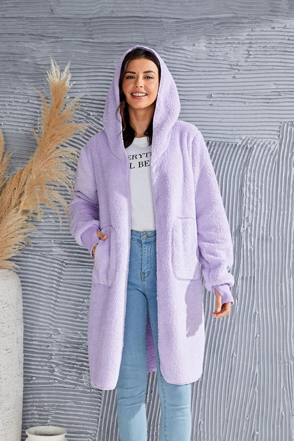 Image of Double Take Full Size Hooded Teddy Bear Jacket with Thumbholes | Queeble.shop