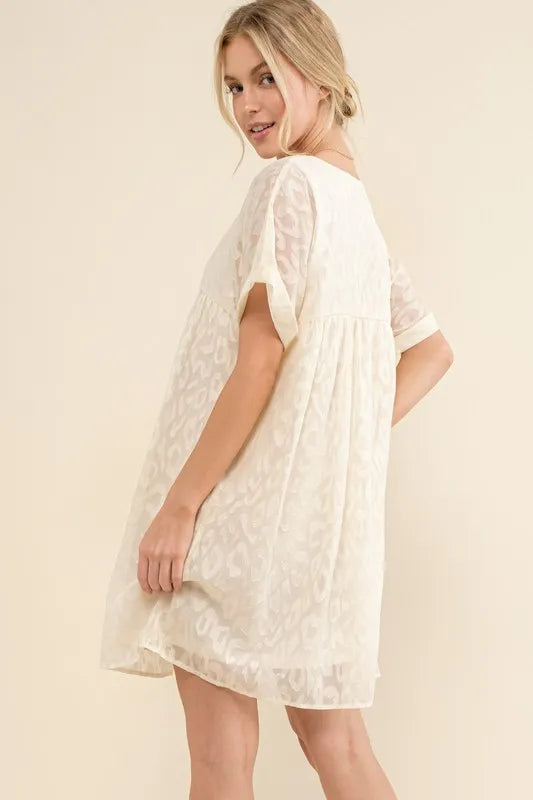Image of And The Why Woven Leopard Baby Doll Roll-Sleeve Casual Dress | Queeble.shop