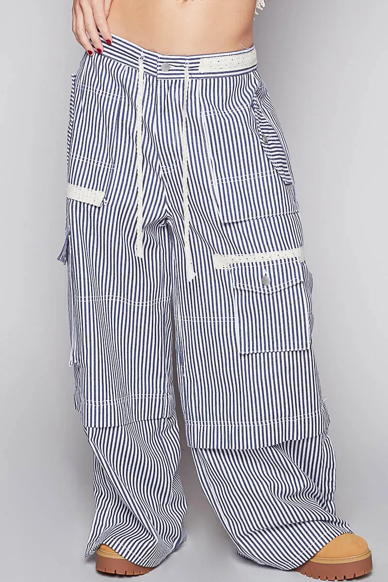 Image of POL Striped Wide Leg Pants with Cargo Pockets | Queeble.shop