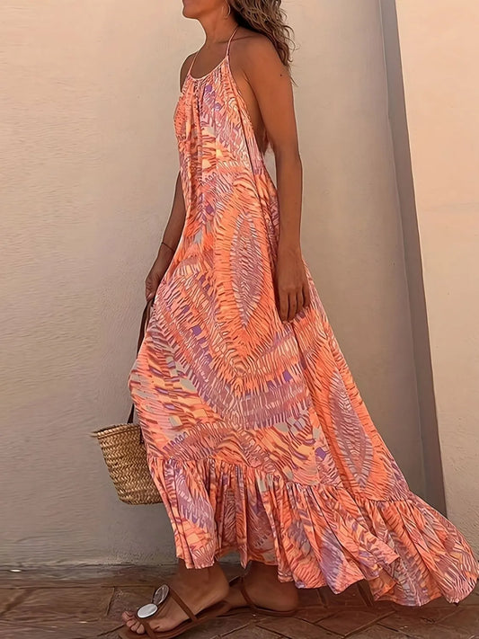 Image of Backless Printed Halter Neck Maxi Cami Dress | Queeble.shop