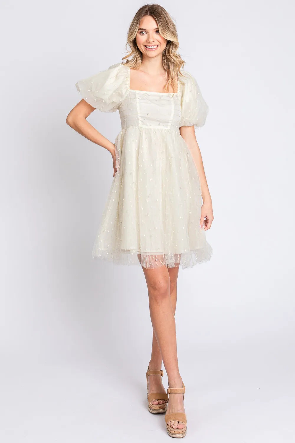 Image of GeeGee Pearl Mesh Puff Sleeve Babydoll Dress | Queeble.shop