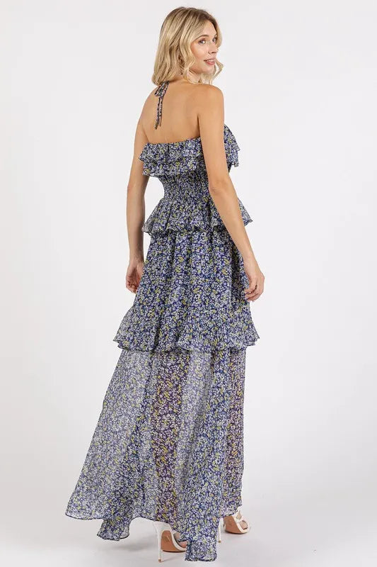 Image of Mittoshop Ruffled Smocked Floral Halter Neck Maxi Dress | Queeble.shop
