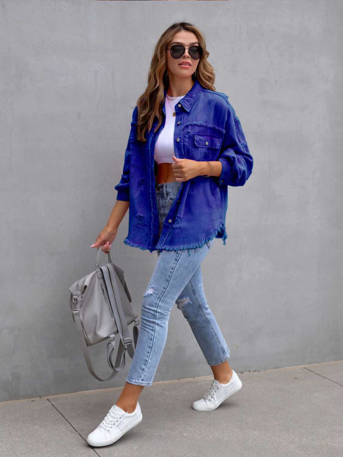 Image of Distressed Drop Shoulder Denim Jacket | Queeble.shop