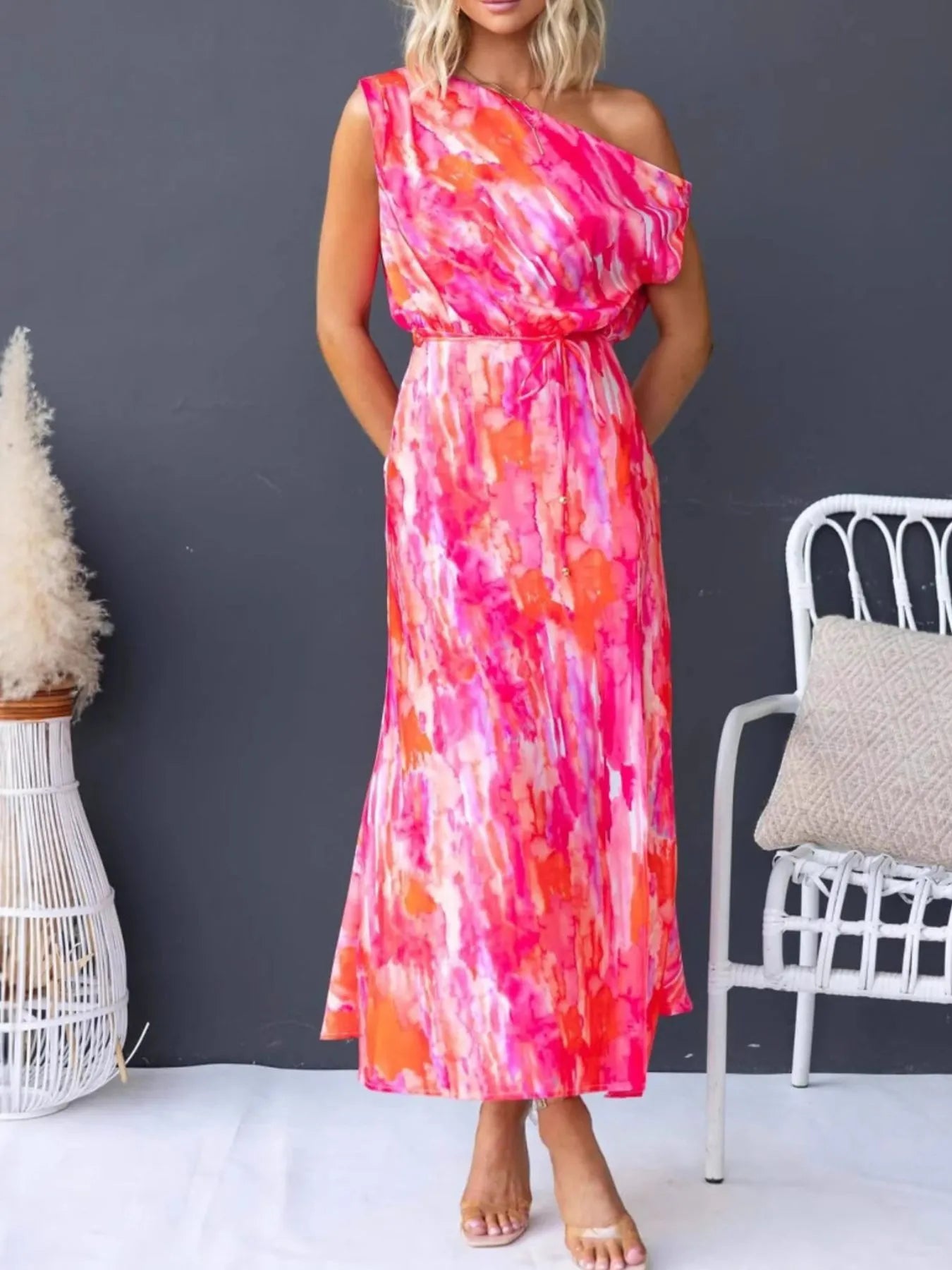 Image of One Shoulder Printed Dress with Slit | Queeble.shop