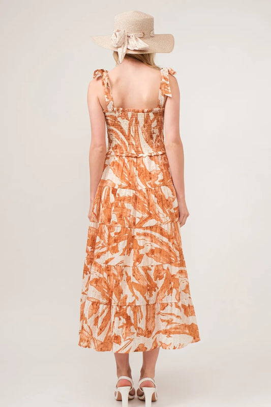 Image of And The Why Tie Shoulder Smocked Midi Tiered Dress | Queeble.shop