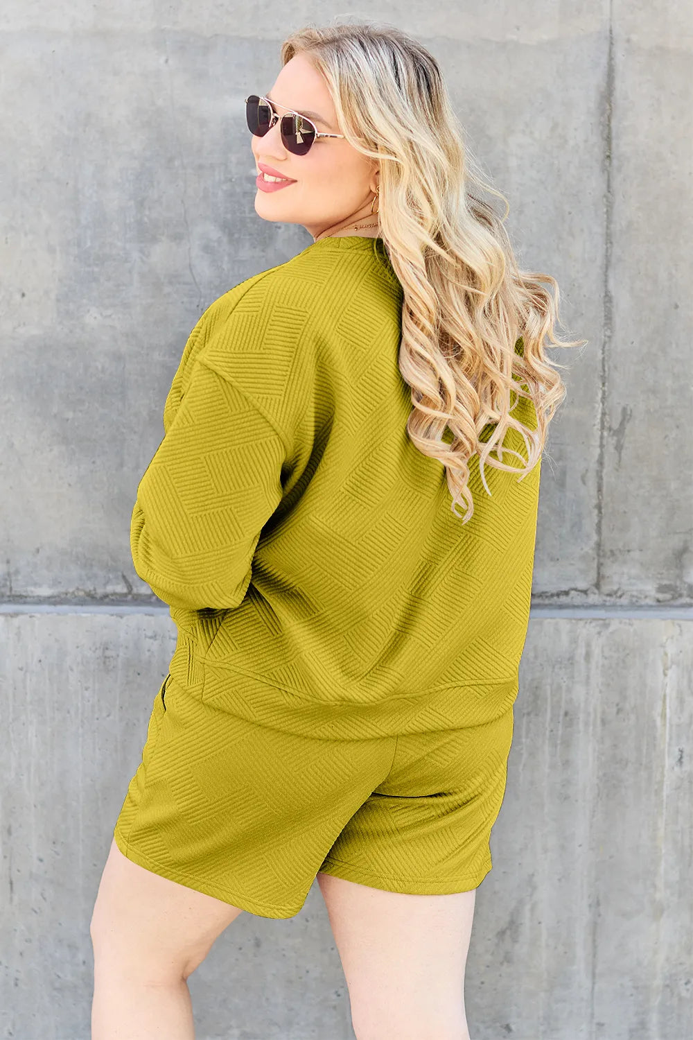 Image of Double Take Full Size Texture Long Sleeve Top and Drawstring Shorts Set | Queeble.shop