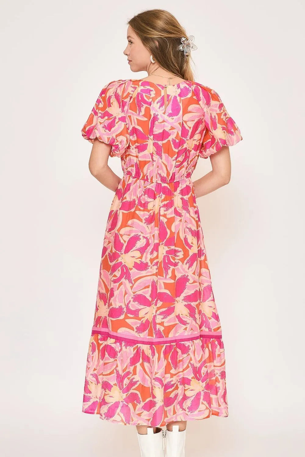 Image of Umgee Floral Notched Puff Sleeve Midi Dress | Queeble.shop