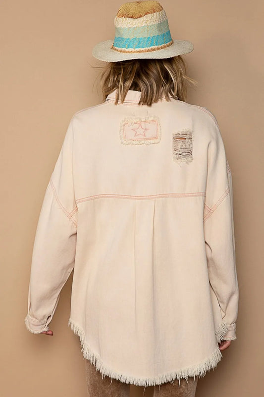 Image of POL Button Down Raw Hem Distressed Shacket | Queeble.shop