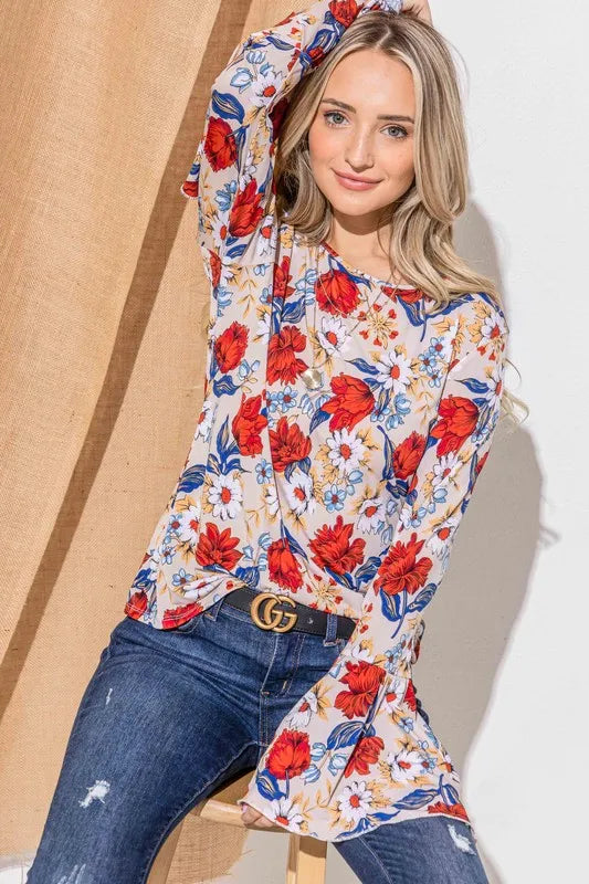 Image of And The Why Floral Printed Bell Sleeve Casual Top | Queeble.shop