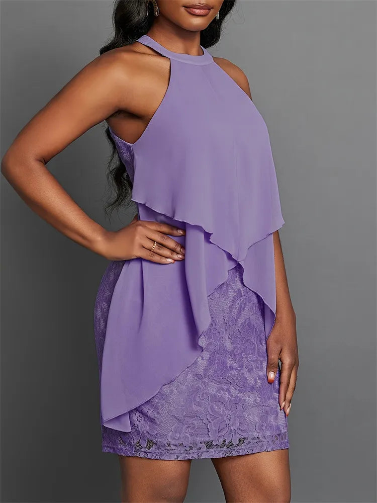 Image of Halter Neck Layered Lace Mini Dress | Queeble.shop
