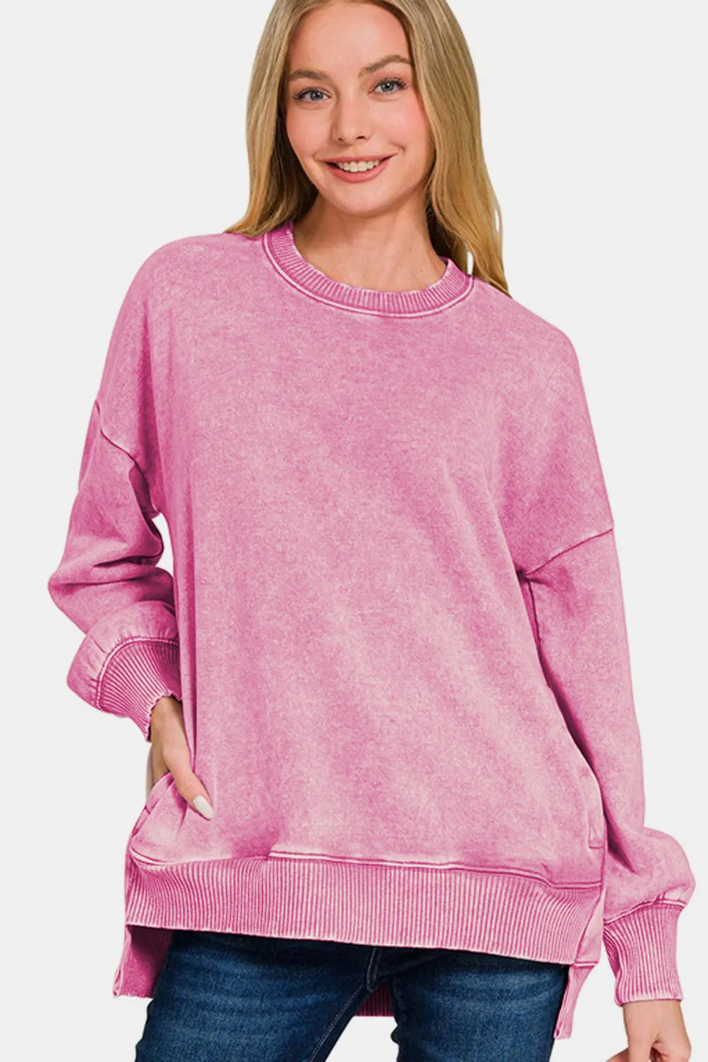 Image of Zenana High-Low Acid Wash Fleece Sweatshirt | Queeble.shop