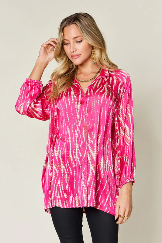 Image of Double Take Full Size Printed Button Up Long Sleeve Shirt | Queeble.shop