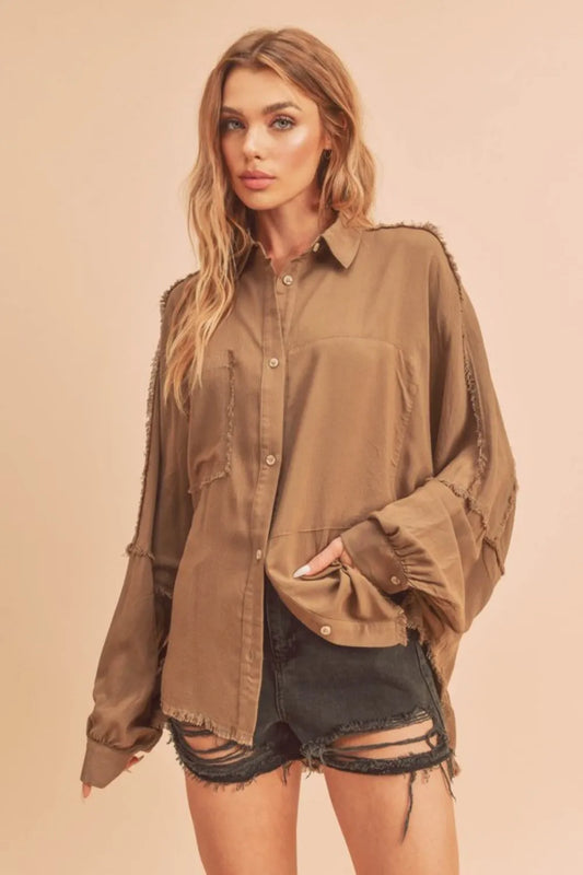 Image of Aemi + Co Raw Edge Exposed Seam Collared Neck Long Sleeve Shirt | Queeble.shop