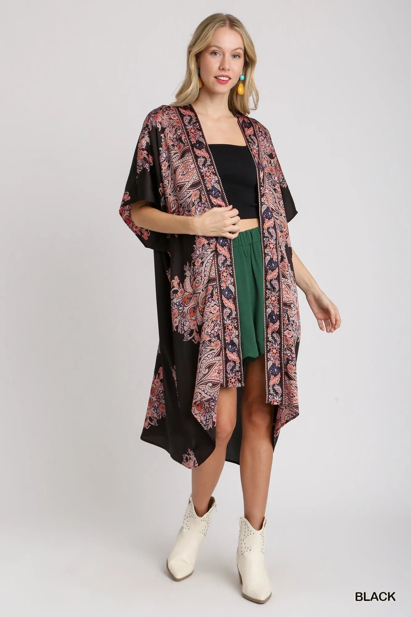 Image of Umgee Satin Border Print Short Sleeve Open Front Kimono | Queeble.shop