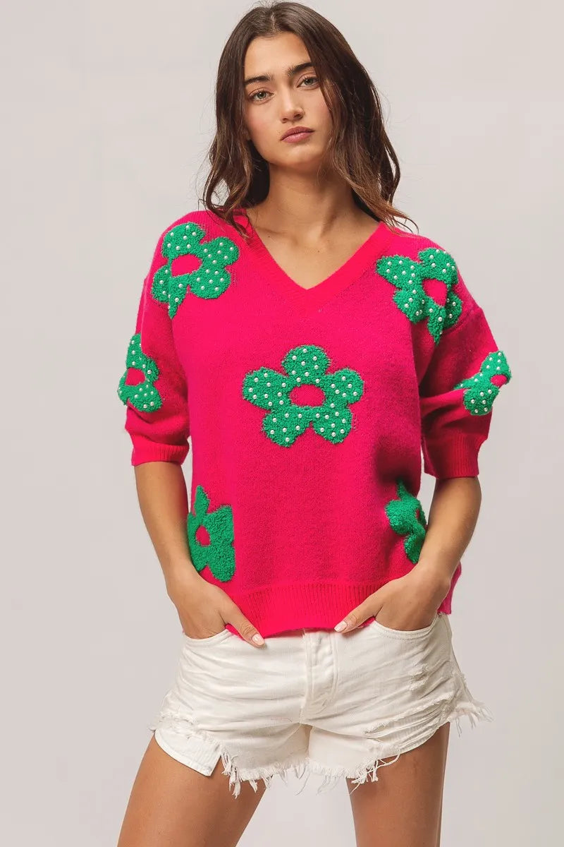 Image of BiBi Pearl Beads Flowers Sweater Top | Queeble.shop