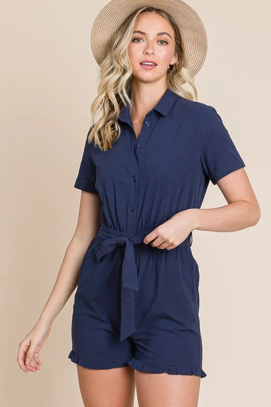 Image of Lime 'N' Chili Collared Button Down Romper with Tie Belt | Queeble.shop