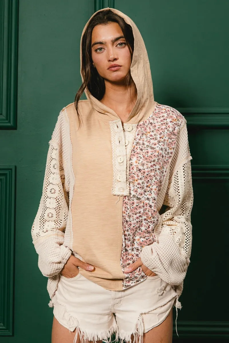Image of BiBi Slub Jersey with Lace Combo Buttoned Hoodie Top | Queeble.shop