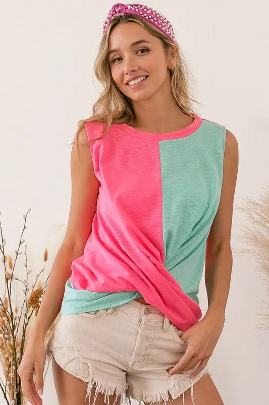 Image of BiBi Slub Terry Color Block Twisted Top | Queeble.shop