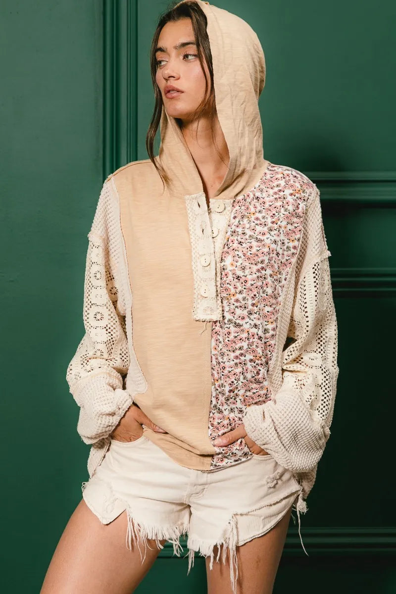 Image of BiBi Slub Jersey with Lace Combo Buttoned Hoodie Top | Queeble.shop