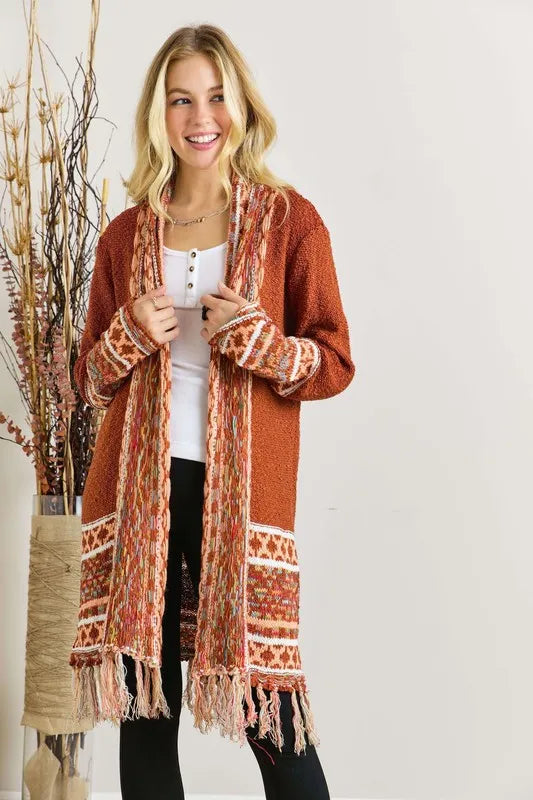 Image of ADORA Full Size Fringe Hem Aztec Border Cardigan Plus Size | Queeble.shop