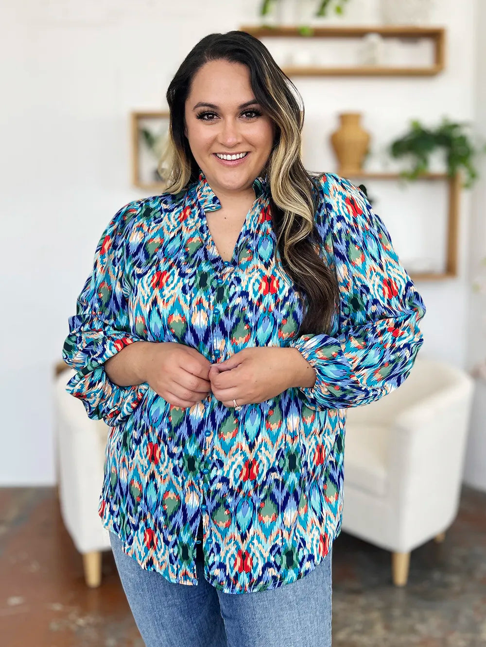 Image of Double Take Full Size Printed Balloon Sleeve Blouse | Queeble.shop