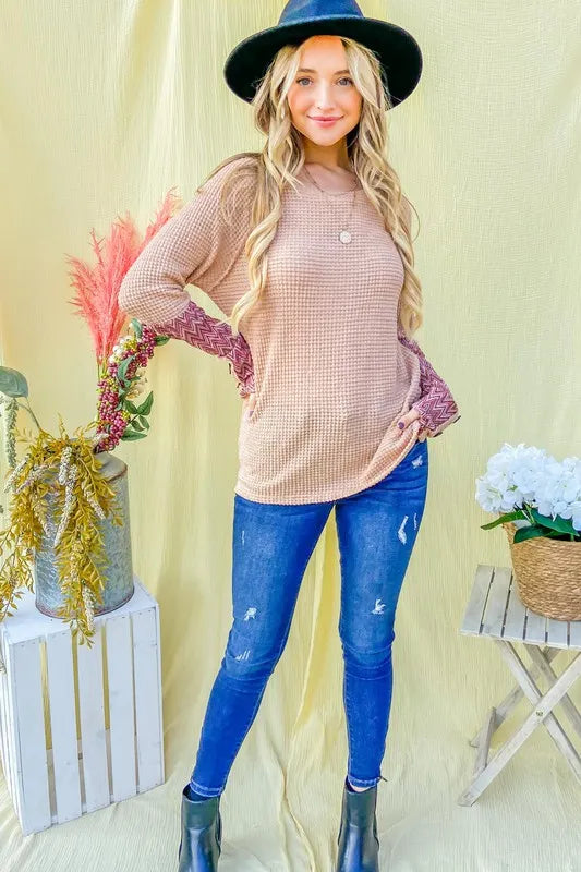 Image of And The Why Button Detail Printed Sleeve Waffle Knit Top | Queeble.shop